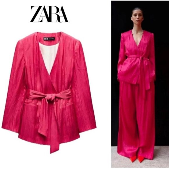 ZARA Womens Blazer Hot Pink Fuchsia Satin Belted Tie Double Breasted Size L - Picture 1 of 11